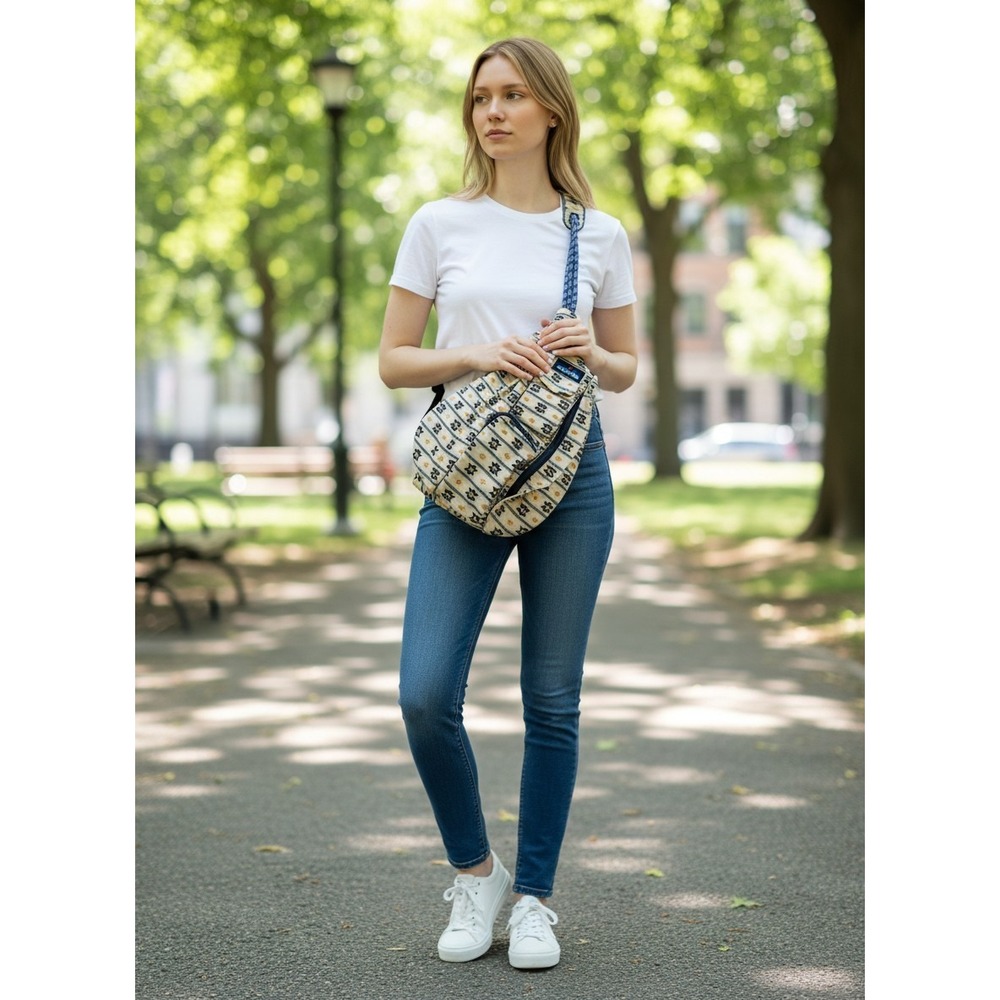 KAVU Rope Bag Canvas Sling Backpack Southwestern Geometric Cream Blue Gold